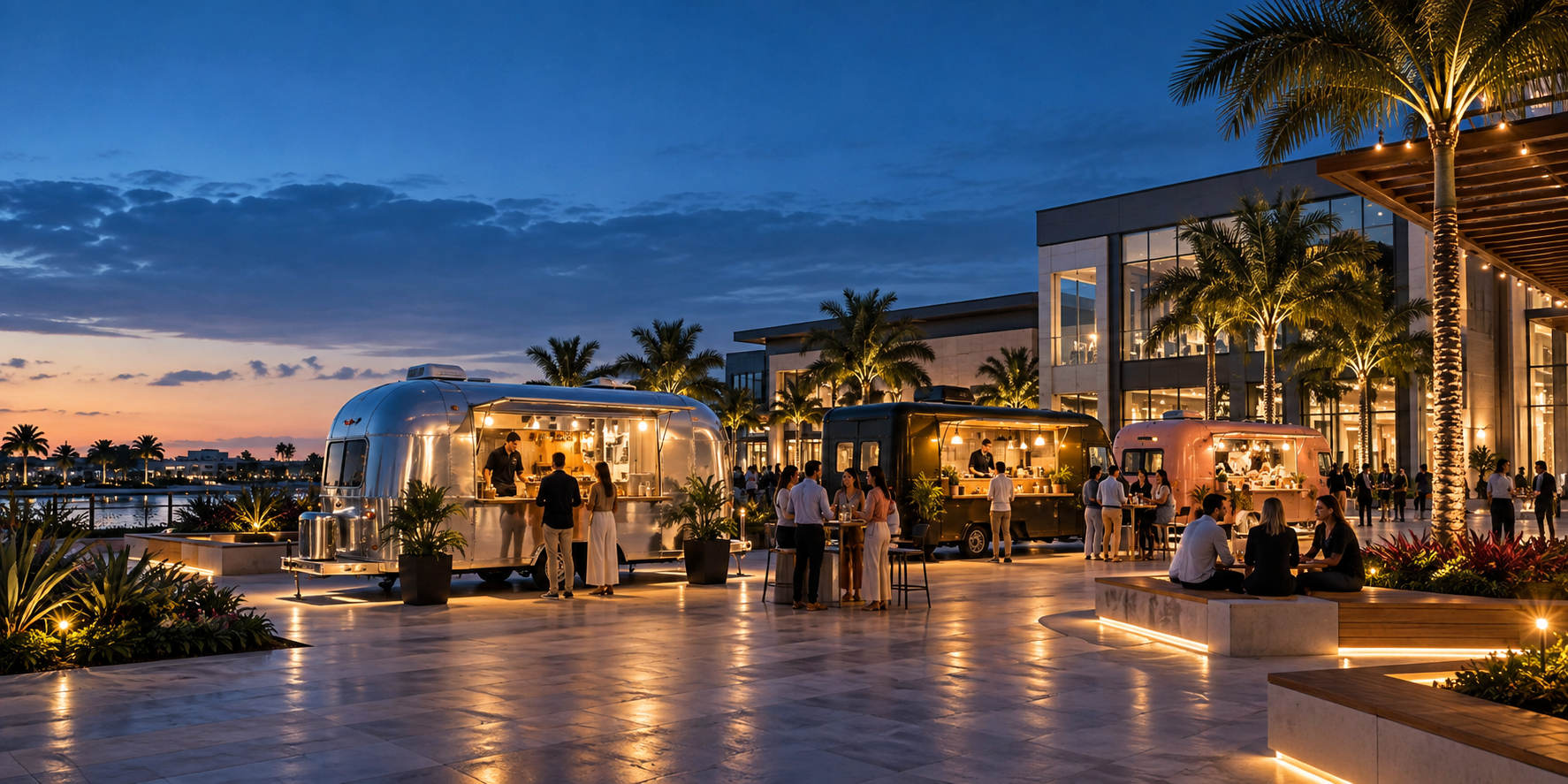 Mobile vendors at a commercial plaza at dusk