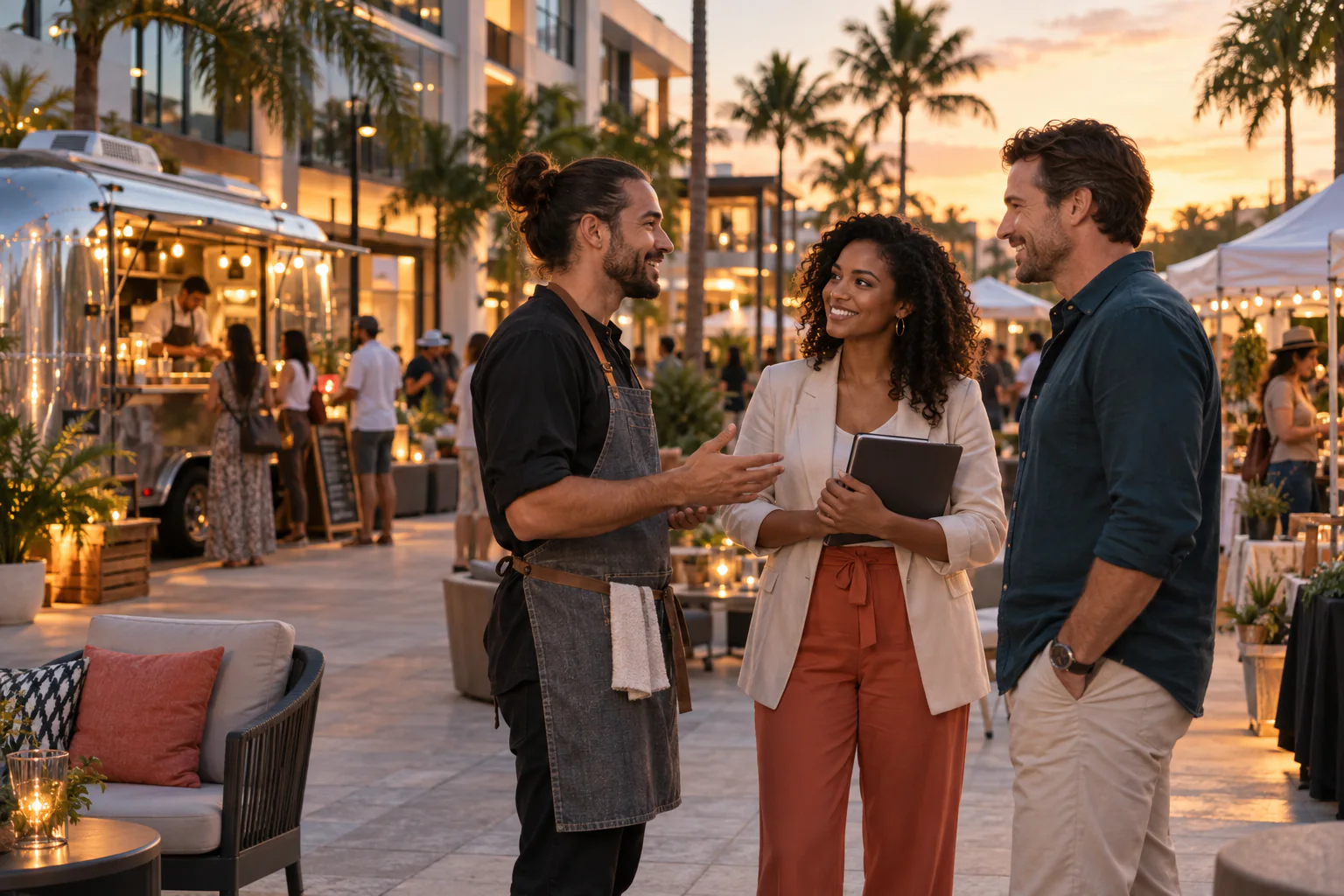 A local vendor, property host, and event organizer sharing ideas at a welcoming outdoor marketplace